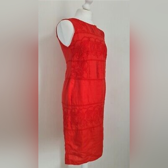 Monsoon red linen pencil dress size 8 sleeveless embroidered 100% linen - Picture 5 of 7